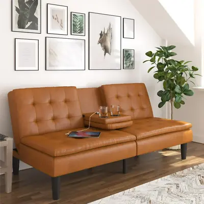 Memory Foam Futon With Cupholder And USB Camel Faux Leather • $251.03