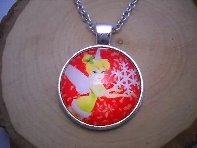 Tinkerbell Snowflake Cabochon Glass Pendant With Silver Chain Necklace Jewelry • $7.95