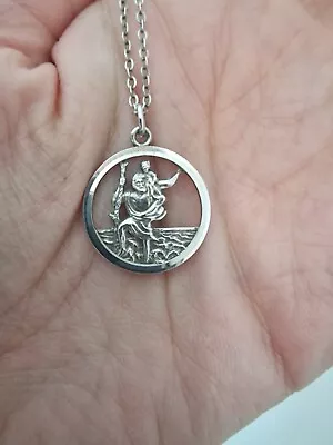 Solid Sterling Silver (925) Round St Christopher Pendant Patron Saint Medallion • £14