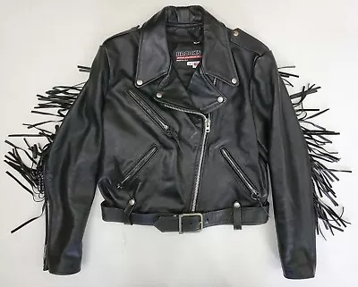 Vtg Brooks Black Leather Fringe Motorcycle Moto Biker Jacket Mens 38 Womens S/M • $85.89
