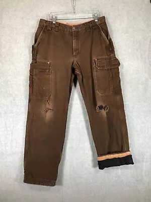 Duluth Trading Pants Mens 36x34 (Meas. 34x32) Brown Cargo Fleece Lined Work Wear • $23.99