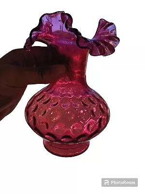 Fenton Glass Cranberry Coin Dot Thumbprint Ruffled Vase 7  Tall Vintage • $20