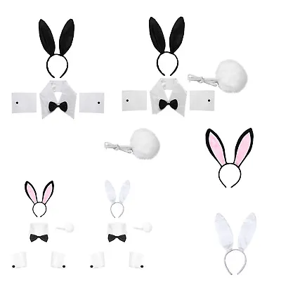 Rabbit Ears Headband Collar Bow Tie+Costume Cuffs+Plush Tail Ball Bunny Dress UP • £6.85