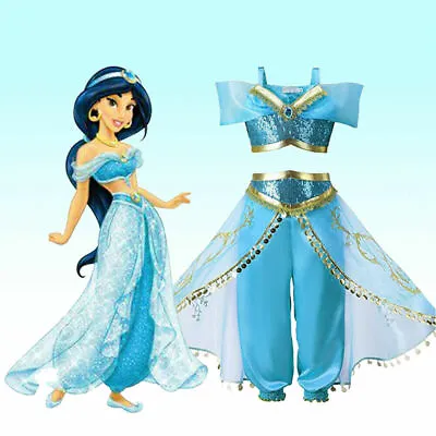 UK Kids Jasmine Cosplay Aladdin Costume Princess Outfit Party Girls Fancy Dress • £17.98