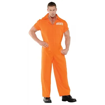 Prisoner Costume Adult Orange Convict Jumpsuit Halloween Fancy Dress • $31.27