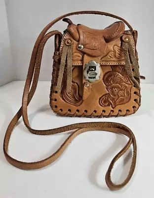 Vintage 70s Tooled Leather Horse Saddle Shoulder Bag Purse Brown Western Cowgirl • $74.95