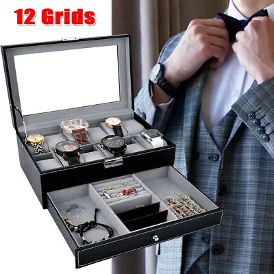Watch Box For Men Luxury Display Case Organizer Jewelry Storage Holder 12 Slot • £18.69