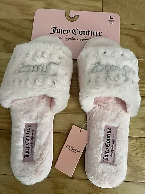 Juicy Couture Rhinestone Logo Faux Fur Slides Slippers Pink Women’s Size L 8/9 • $34.99