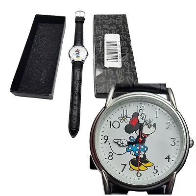 Disney Adult Size Black Leather Strap Minnie Mouse With Moving Arms Watch SILVER • $44.49