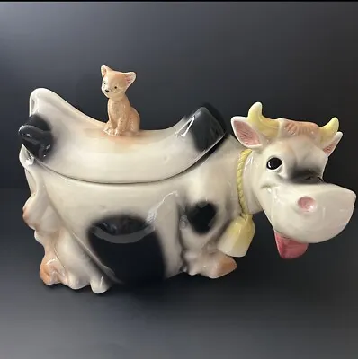 American Retro Pottery Cookie Jar Black & White Cow With Cat On Back USA W10 • $120