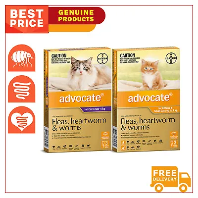 ADVOCATE Flea Heartworm And Worm Control For All Sizes Cats 3 Pipettes AU Shop • $48.97