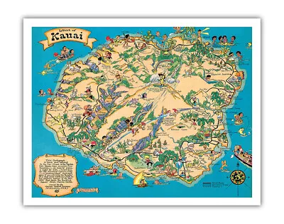 Hawaiian Island Of Kauai Map - Vintage Hawaiian Colored Cartographic Map C.1941 • $15.98