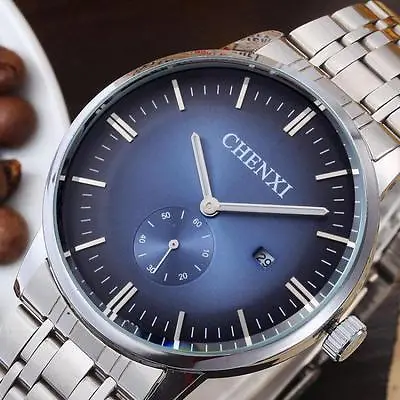 £16.99 • Buy Gents Luxury Blue Face Seconds Hand Sub Dial Date Stainless Steel Bracelet Watch