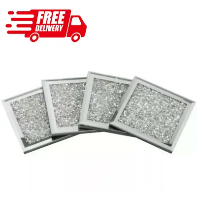 Set Of 4 Square Mirrored Crushed Crystal COASTERS Sparkle Table Diamond Glitter • £9.99