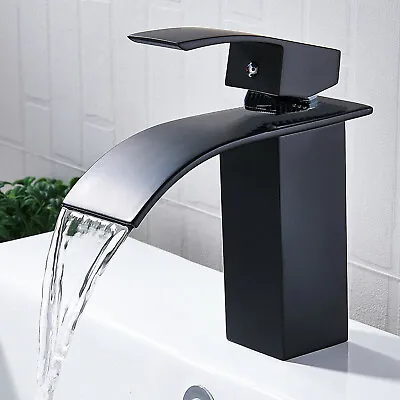 £26.99 • Buy Waterfall Bathroom Sink Counter Taps Basin Mixer Tap Black Square Mono Faucet