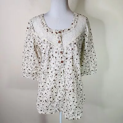 Passports Women's Beige Floral 3/4 Sleeve Cotton Tunic Blouse Shirt Size Small • $4