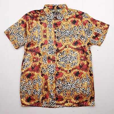 Baroque Gold Leopard Print Rose Fleuret Button Up Shirt Mens Sz L Short Sleeve • $23.99