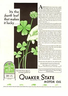 $9.95 • Buy 1930 Quaker State Motor Oil City PA Sign 35¢  Four Leaf Clover  Lucky Print Ad
