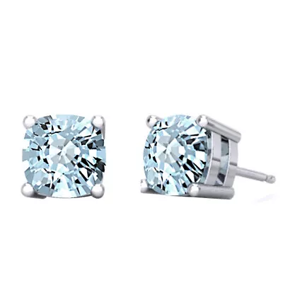 Cushion Cut 10K White Gold Aquamarine Stud Earrings March Birthstone • $196.77