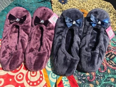 Gorgeous Velour Ballet Slippers In Unique Eco Bag In SML Size Navy/purple Colour • £8.99
