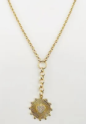 Rolo Belcher Chain Pave CZ Heart Pendant Necklace Gold Medallion Charm Lariat • $49