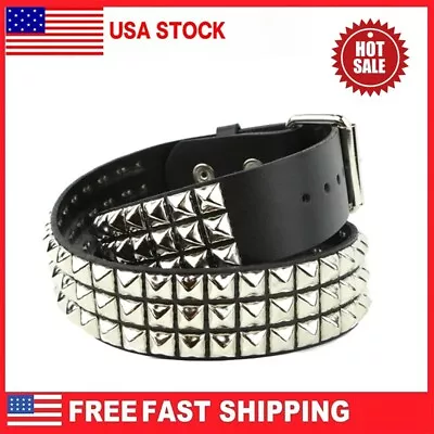 Studded 3 Row Silver Pyramid USA Made Belt Genuine Leather Punk Rock Gothic • $14.67