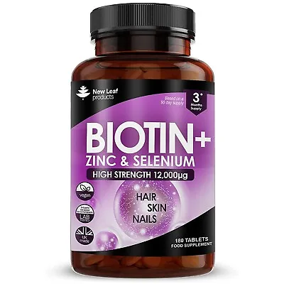 Biotin Hair Growth Vitamins 12000mcg - Enriched With Zinc & Selenium 180 Tablets • £10.95