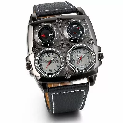 Military Army Dual Time Zone Black Leather Band Mens Analog Quartz Wrist Watch • $16.14