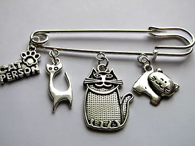 Silver Brooch-pin With 4 X Silver Charms-cat Person Theme Charms New-70mm • £2.99