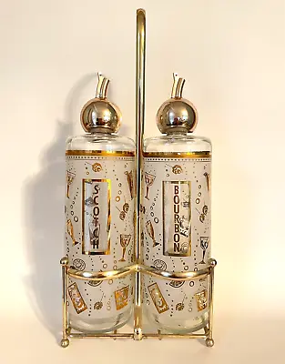 Vtg MCM Scotch & Bourbon Decanters Frosted Gold Tone W/ Brass Caddy Barware • $47.99