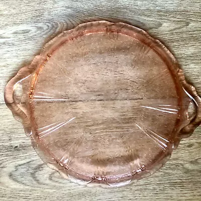 Antque Jeanette Cherry Blossom Pink Depression Glass Handled Cake Plate Mint! • $24