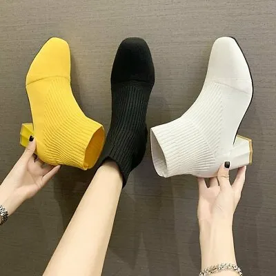 £27.59 • Buy Chunky Mid Heel Summer Stretch Ankle Boot Women Knit Sock Boots Pull On Shoes