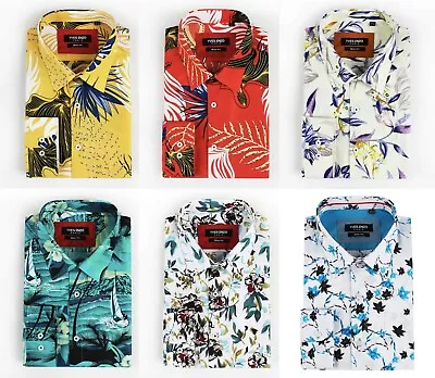 Mens Tropical Print Cotton-poly Slim Fit Long Sleeve Shirts Casual/Formal S-2XL • £14.26