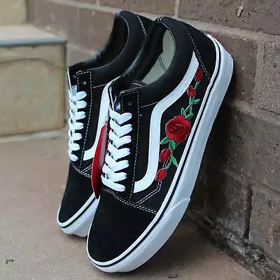 Vans Black Old Skool Red Rose Custom Handmade Shoes By Patch Collection • $241.30