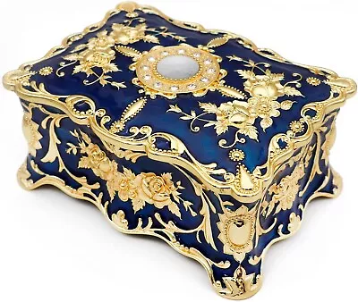 Rectangle Alloy Metal Rose Jewelry Box For Women Girls Gold Blue Medium • $79.99