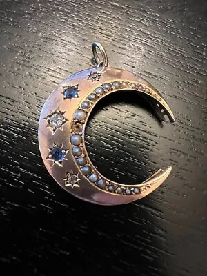 Antique Vintage 10k Rose Gold Sapphire Diamond Crescent Moon Celestial Pendant  • $950