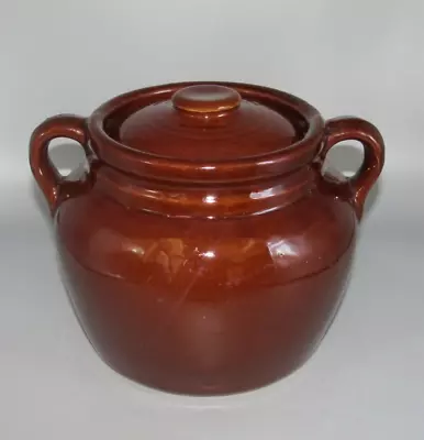 Vintage Brown Glaze Stoneware Crock Bean Pot With Handles And Lid Pottery USA • $14.99