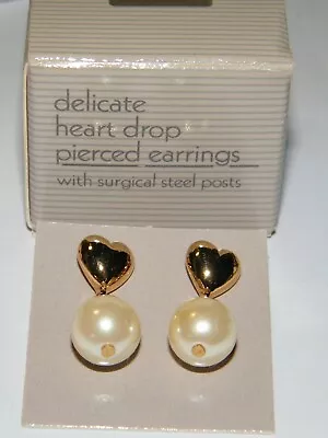 AVON Delicate Heart Drop Faux Pearl Pierced Earrings • $9.99