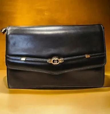 Vintage GUCCI 004406 Interlocking G Leather Clutch/ Crossbdy Bag Black AUTHENTIC • $399