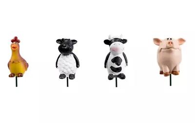 4 X Farm Animal Plant Pot Picks  Flowers Decoration Border Sheep Cow Chicken Pig • £8.95