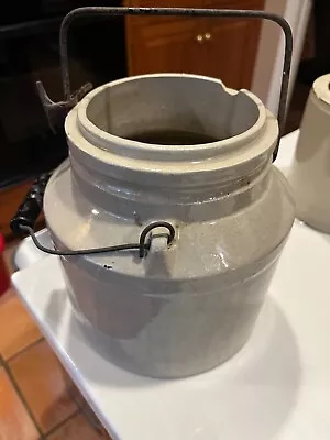 Antique Pottery  Stoneware Crock Jug HANDLE NO LID 8 H X 7 1/4 D ONE CHIP • $45