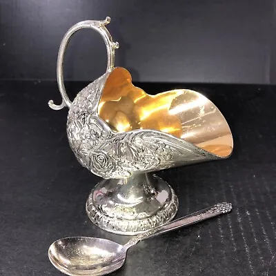 $19.99 • Buy Vintage Silver-Plated Sugar Scuttle Gold Floral Etching With Spoon Mid Century