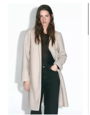 Zara Coat Women Small Beige Open Front Lapel Collar FELT TEXTURE COAT NWT • $59.88