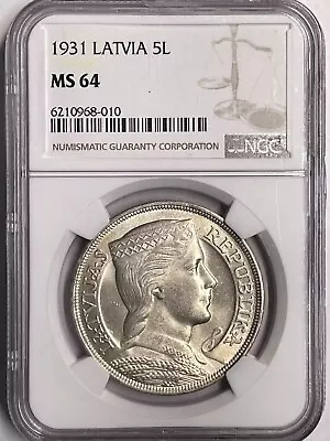 NGC MS64 Latvia 1931 Silver Coin 5 Lati • $1020
