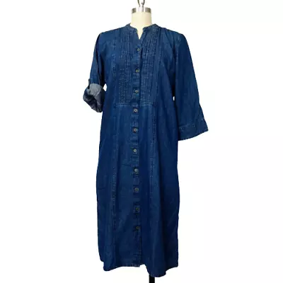 Vermont Country Store Denim Chambray Midi Dress Size M Roll Tab Sleeves Pockets • $27.95