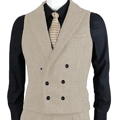 Business Men Tweed Waistcoat Herringbone Double Breasted Vest M Large XL XXL 3XL • $29.68