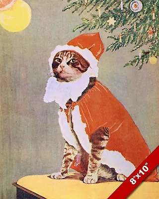 Vintage Santa Cat Christmas Kitten Pet Animal Art Painting Real Canvas Print • $14.99