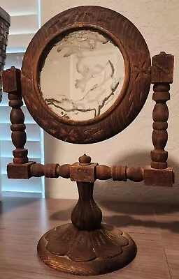 Vintage Wood Vanity Mirror Carved Swivel Round Gothic Witch Style • $99.94