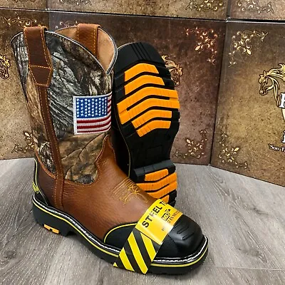 Men's Square Steel Toe Work Boots Genuine Soft Leather Cowboy Pull On Botas • $79.99