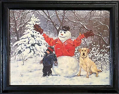 Bonnie Mohr Snow Buddies Studio Canvas Snowman Boy Dog Art Print-Framed 19 X 15 • $45.95